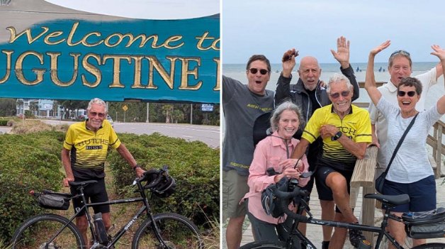 Khi ông Sanders đạp xe tới bãi biển St. Augustine, người thân đã chờ sẵn để chúc mừng thành tích phi thường này. Ảnh: TGR.